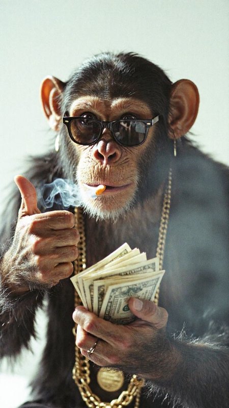 8n8log,a chimp with sunglasses,he's holding a wad of money and thumbing up,cigar in mouth,wispy smoke,golden chains,<lora:GrainScape_1404698:1>,film photography aesthetic,film grain effect prominent throughout image,grainy film-like texture,high contrast lighting creating dramatic shadows,cool tones,autumn,âââ,âââ