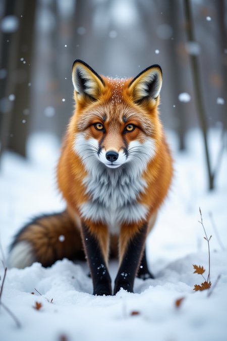 “A stunning wildlife photograph of a red fox standing alert in a serene, snow-covered forest as gentle snowfall drifts through the air. Its vibrant orange fur contrasts beautifully against the white landscape, with delicate snowflakes resting on its whiskers and ears. The fox’s piercing amber eyes gaze directly into the camera, exuding curiosity and intelligence. Its ears are perked, and its tail rests gently behind it, as if sensing something in the distance. Soft morning light filters through the bare trees, casting long shadows on the powdery snow. The background is slightly blurred, enhancing the sharp details of the fox’s thick fur and delicate paw prints in the fresh snow. The falling snowflakes add a magical, peaceful atmosphere to this breathtaking winter wildlife scene.”,aidmafluxpro1.1