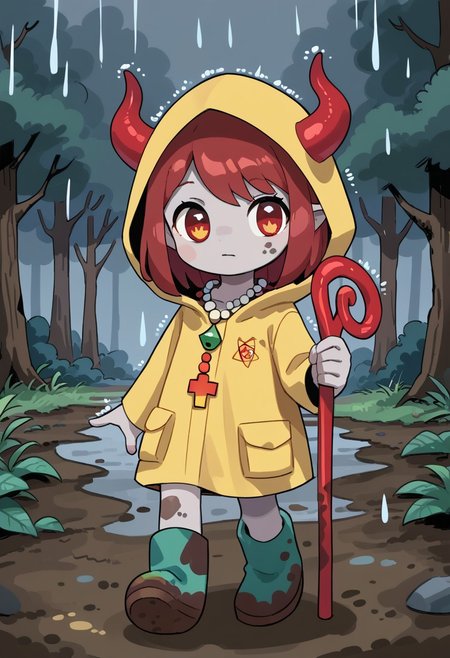 score_9, score_8_up, score_7_up, BREAK
highres, highly detailed, high resolution, high quality, 
source_anime, anime screencap, saturation, vivid colors, 
1girl, solo, luce, full body, standing, demon girl,
(dark red hair:1.2), (big dark red eyes:1.1), medium hair, cute, (grey skin:1.1), (horns:1.2), 
(long black raincoat:1.1), dirty black rubber boots, 
pentagram necklace, holding red trident, 
forest background, path, rain, 
hds style, cel shading, linear hatching