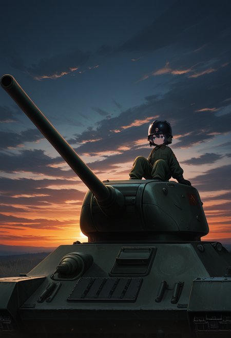 Graphic Design, color art, vibrant colors, colorful, intricate details, high contrast, detailed background, beautiful detailed, beautiful face, detailed eyes, detailed face, newest, new, 1girl, solo, female focus, cowboy shot, military outfit, jumpsuit, tank helmet, sitting on tank, t3485, tank, military vehicle, battlefield, evening, sunset, cloudy, cinematic lighting, dark,