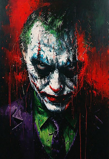 impactful paint of portrait of The Joker   <lora:Disturbia:0.7>,    highly detailed,   8k,   sharp,  professional, clear,   high contrast, high saturated, , vivid deep blacks, crystal clear