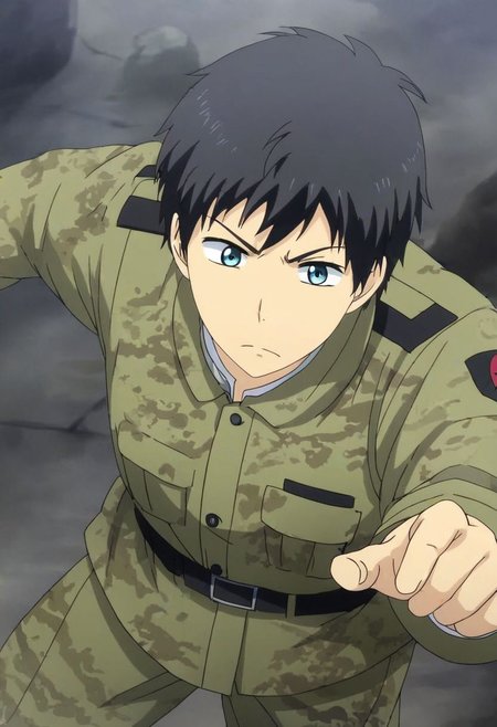 high resolution, solo, best quality, 1Boy, Arata Kaizaki, Black Hair, Blue Eyes, military, action, OverallDetail
