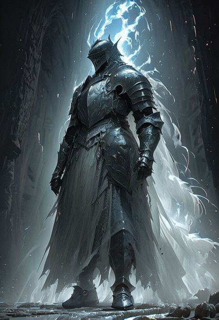 (stunning, magnificent, HD, photorealistic, dramatic lighting, intricate details, full body intricate armor beautiful patterns, mythical, legendary, powerful, cinematic, trending on ArtStation, characters on background, dark souls knight, tall, hollow knight, ghost+, a dark+  in shiny black+ knight armor with sword in scabbard, specter, by Peter gric, bli Hihnala, dark souls, male Knight, Ghost, wraith, smog, glowing green core on armor, green flames, (silver armor highly detailed patterns on armor), (a dragon's armor, a dragon's helmet) glowing green eyes, (demon's souls penetrator) , dark, (((full body fits into the image))), menacing, ominous, looking at something in the distance, darkness, full body visible, anor londo, dragon's dogma, battle sequence, (flaming blue helmet)soul knight