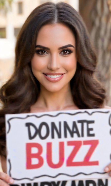 Picket Sign, tan woman in her 30s, smokey eyes makeup with lips, brown eyes, she is holding a Picket sign which says: "donate buzz.", Long dark brown hair shaved on one side with light roots, Large breasts, erotic, perfect face, perfect anatomy, cute, beautiful, perfect beauty, amazing beauty, pure genius, absolutely perfect, gentle, highly detailed, breathtaking, smile, masterpiece, photorealistic, upper body, cowboy shot, perfect hands,  <lora:add-detail-xl:0.5>