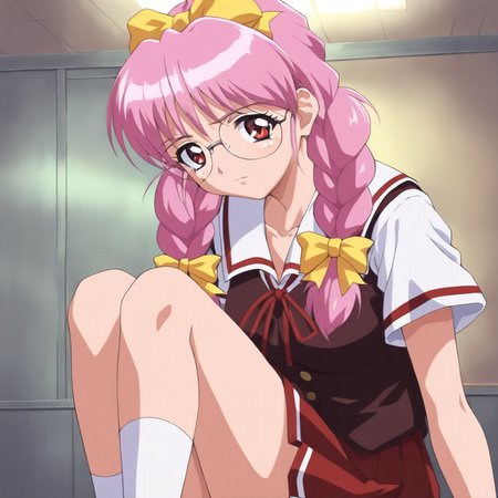 masterpiece,1girl,solo,looking at viewer,cowboy_shot,upper_body,<lora:Rika_Respect ag4o v1:1> rika_respect, glasses, pink hair, twin braids, hair bow, red eyes,school uniform,red skirt,white socks,