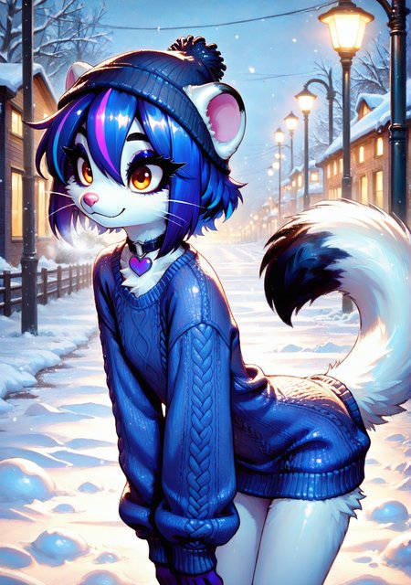 FMIXFT, radiant details, smari4, 1girl, solo, furry female, pink nose, whiskers, shiny hair, white fur, amber eyes, eyeshadow, eyeliner, thick eyebrows, (short hair, sidelocks, hair between eyes, blue hair, violet hair, streaked hair, cyan streaks, violet streaks, highlights), white body fur, body fur, small round ears, black ear tips, (weasel tail, white tail, black tail tip), heart choker, paws, small claws, purple claws, skinny, narrow waist,>:3, tsurime, wide eyed, knit sweater dress, outdoors, snow, street lights, beanie, v arms, leaning forward, from the side,

masterpiece,best quality,amazing quality