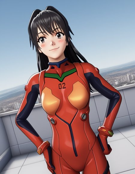 score_9, score_8_up, score_7_up, source_anime, <lora:ayano-aishi-ingame-ponyxl-lora-nochekaiser:1>, ayano aishi, long hair, black hair, black eyes, ponytail, medium breasts, 3d,, <lora:souryuu-asuka-langley-cosplay-ponyxl-lora-nochekaiser:1>, souryuuasukalangleycosplay, souryuu asuka langley (cosplay), bodysuit, pilot suit, plugsuit, red bodysuit, interface headset,, cityscape, smile, blush, hands on hips,, , cowboy shot, dutch angle