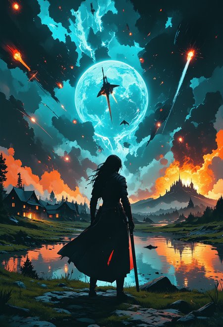 Image is an extreme wide shot featuring a side view of beautiful female knight looking up into the sky at a dozen spaceships invading earth. shes standing on a grassy field outside of a small fantasy village with her sword planted in the ground. In the background is a small lake, serene village, small boulders, castle, bombs, explosions <lora:AnimeartFLUX_v1.3:0.5> <lora:RM_Illustrify_v1.0MFLUX:0.65> <lora:New_Fantasy_CoreV4_FLUX:0.75>