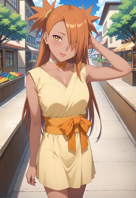 score 9, score 8 up, score 7 up, high res image, masterpiece, best quality, source anime, intricate details, anime screencap, official style, solo, 1girl, chocho akimichi, chodress, shy smile, blush, embarrassed expression, beautiful face, (dark skin, dark skinned woman), orange hair, lip gloss, Mascara, two spiky ponytails, long hair, head tilt,  hair over left eye, petite, butterfly choker, yellow dress, orange obi, orange bow, athletic build, stores, sidewalk, oak tree, town, day, arm on hip, hand in own hair, walking, upper body, cowboy shot, from above, <lora:Akimichi_Chocho_pony_rc4:1>,