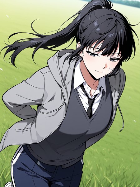 <lora:Omniscient_Readers_Viewpoint__Lee_Jihye:1>
1girl, solo, long hair, black hair, tied hair, high ponytail, black eyes, messy bangs, 
gray hoodie, school uniform, white shirt, black tie, dark gray sweater vest, navy blue track pants, white stripe pants, white sneakers, casual and uniform mix, layered clothing,
score_9, score_8_up, score_7_up, very aesthetic, source_anime, detailed, high quality, beautiful, masterpiece, detailed eyes, field, blurry background, pose dynamic angle, upper body, cowboy shot, light smile, floating hair, half-closed eyes, hands behind back, leaning forward, looking forward, looking at viewer