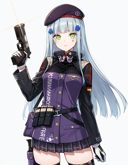 Volumetric Lighting, (masterpiece), (best quality), (ultra-detailed), masterpiece, source_anime, score_9, score_8_up, score_7_up BREAK, illustration, disheveled hair, detailed eyes, perfect composition, moist skin, intricate details, detailed eyes, detailed face, detailed fingers BREAK, HK416, green eyes, long hair, grey hair, blue hair,blunt bangs, teardrop facial mark BREAK, HK416def, def_jacket, 416_hair_ornament, def_knife, handgun, def_holster, magazine (weapon), def_goggles, eyewear around neck,def_thighhighs, def_beret, def_skirt, def_two-tone_gloves, teardrop facial mark BREAK, ((white background)), looking at viewer, standing, holding handgun, upper body, thighs,hand up
