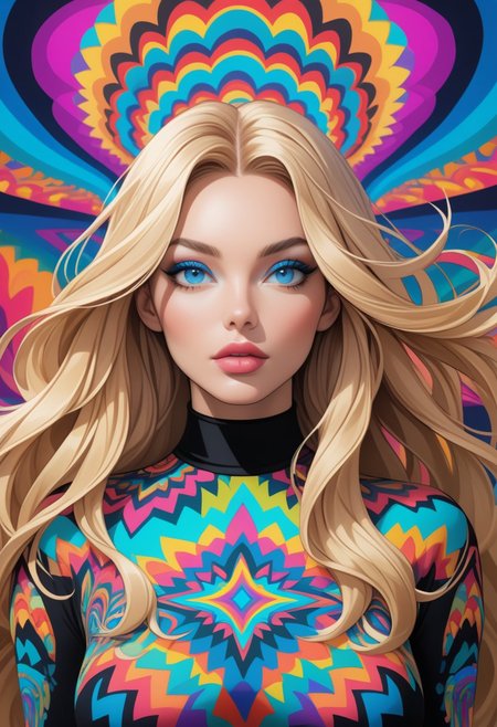 ((view from the waist up)) 1woman, solo,  long hair, blonde hair, black choker, blue eyes, one eye covered by hair, eyeliner, gorgeous lips, tights, medium breasts. ((psychedelic))