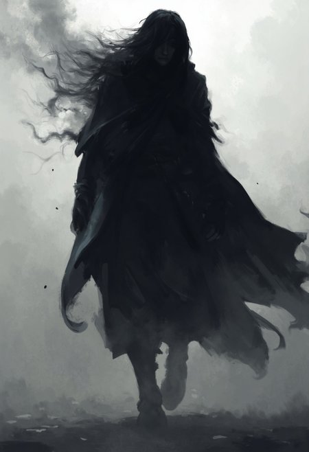 A dark fantasy digital art depicting the silhouette of an adventurer with long hair, wearing black and covered in dust, surrounded by swirling smoke. The background is grey, with subtle details that give it depth. This design would be perfect for use as a mobile phone wallpaper or cover illustration. It's an interesting blend between realism and abstract elements, making it suitable for a variety of themes.