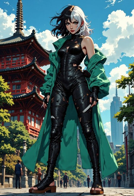 A striking full-body portrait of a woman wearing extraordinary attire made entirely of wide  black bandage-like wrappings reminiscent of those used to bind legendary swords, and also white bandage. These bandages, uniform in width, wrap chaotically around her form – some diagonally, others horizontally, creating an asymmetric pattern. The wrappings start at her wrists, spiraling up her arms, across her torso, and end just above her knees, forming a form-fitting silhouette that accentuates her figure. she also wears a sleeveless jade green coat outside that extends to her knees, flowing dramatically  yet leaving her bandage-wrapped arms fully exposed. Her feet are adorned with traditional wooden geta sandals – one completely black, the other purely white – elevating her stance.
Her face is a masterpiece of theatrical makeup – painted in diagonal split pattern. One half gleaming white, encompassing her entire left eye, half her nose, and part of her lips, while the remaining portion is painted pitch black. 
Her hair consist of jet black on the left side and pure white on the right, cut with precision to maintain the perfect division. She stands with one hand confidently on her hip, her posture exuding power. Her expression combines an arrogant smirk with a condescending gaze, challenging the viewer.
Behind her stands a traditional Japanese  pagoda enhancing the cultural fusion of her avant-garde appearance with traditional elements.