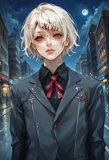 MAIDOLL,
score_9, score_8_up, score_8, anime style, source_anime, 
BREAK, 
 looking at viewer, masterpiece, high detailed skin,  character focus,  depth of field,, curvy, EyesHD, , androgynous, male focus, ncpy43 style, 1sh1da, meowmix, watercolor, 
1boy, male, femboy, slimes_juuzou, short hair, red eyes, hair ornament, white hair, hairclip, x hair ornament, stitches, black shirt, collared shirt, 
outdoors, , night,  neon,night
(pinup pose, dynamic pose, upper body,  dynamic angle, dutch angle, dynamic action photos, from below)
,cinematic, masterpiece, best quality, ultra-detailed, very aesthetic, high res,
, pureerosface_v1, Expressiveh, intricate_details_xl,,