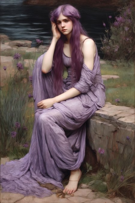 John William Waterhouse Style - full-body portrait of a young woman nymph with pastel violet hair