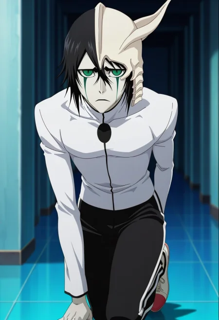 masterpiece, best quality, , anime screencap, anime coloring, official style, looking at viewer, depth of field, 1boy, solo, male focus, <lora:ulquiorra_cifer_ilxl:1>, ulquiorra_cifer, black hair, green eyes, facial mark, hair between eyes, arrancar, mask, short hair, , Mesh Coral Mosaic Track pants with side stripes, Corduroy Floral Mock neck pullover, Slip-on shoes, , and andHair clips