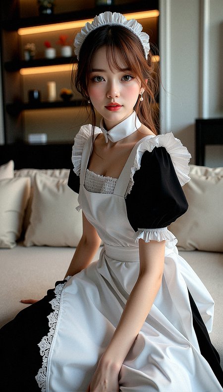 High-resolution, photorealistic portrait of a beautiful woman in a classic black and white maid outfit. Ultra-detailed textures and natural lighting bring out the lifelike colors and realistic shadows on her attire. Captured with a Nikon D850 full-frame sensor, the image features a soft bokeh effect in the background and dynamic posing, with her expressive face showing a warm smile.Visible veins on the back of her hands, showing natural anatomy.Soft shadowing under her lower lip, enhancing natural form.Realistic light reflection on her glossy lips, showing shine and texture. Delicate, natural creases around her eyes and mouth.Slightly raised veins visible on the inside of her wrists

Elegant maid uniform with a lace-trimmed dress, long apron, ribbon headband, and pearl earrings. 
Contemporary living room with a large sectional sofa, a media center, and minimalist decor.

Sitting on the edge of a sofa, arranging cushions with a gentle smile








































 









































