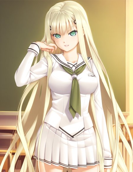 <lora:Biman Adam-000063:1> kannagi yuuri, light green eyes, blonde hair, very long hair, sidelocks, hairclip, large breasts, biman4 school uniform, green neckerchief, white skirt, pleated skirt, long sleeves, classroom, parted lips, solo, smile