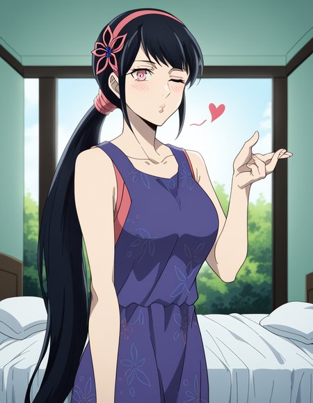 score_9, score_8_up, score_7_up, source_anime, <lora:yihwa-yeon-s2-ponyxl-lora-nochekaiser:1>, yihwa yeon, long hair, bangs, black hair, hair ornament, pink eyes, very long hair, hairband, large breasts,, dress, ponytail, purple dress, Natural settings, trees, rivers, sunlight, wildlife, , <lora:blowing-kiss-ponyxl-lora-nochekaiser:1>, blowing kiss, pucked lips, heart, one eye closed, o3o, hand up, bed room, bed, blush, cowboy shot, dutch angle,, looking at viewer, solo,, dutch angle, cowboy shot
