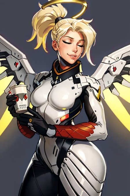 masterpiece,best quality,extreme detail,8k,image sharpness,<lora:mercy-10:0.8>, mercy2,1girl,solo,breasts,smile,blonde hair,simple background,gloves,holding,medium breasts,closed eyes,ponytail,cowboy shot,wings,grey background,cup,lips,bodysuit,halo,high ponytail,mug,mechanical halo,mechanical wings,spread wings,yellow wings,first aid kit,