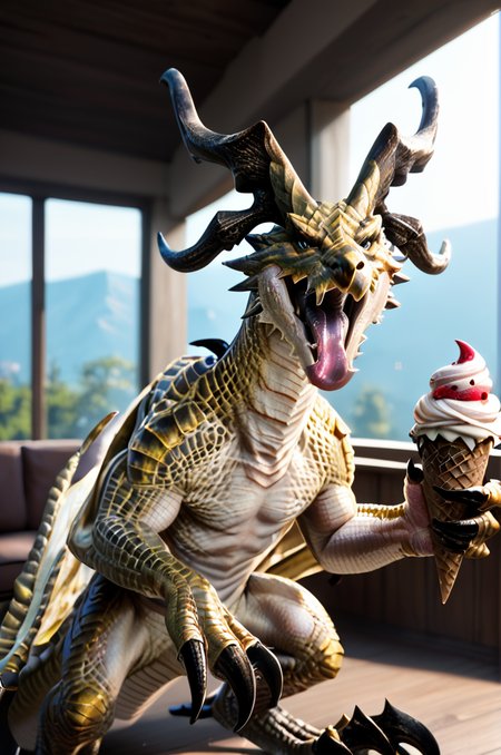 source_furry, score_9, score_8_up, score_7_up, (wyvern_xv, wyvern, feral), scalie, yellow scales, detailed scales, horns, black eyes, detailed eyes, claws, tail, winged arms, <lora:FF_Wyvern08:0.8>, indoors, living room, look at viewer, looking happy, open mouth, tongue out, holding ice cream cone, licking ice cream, zPDXL2, zPDXLpg, zPDXLrl, shaded, best quality, highly detailed, extreme detail, photorealistic