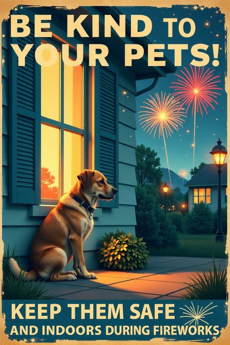 A vintage-style poster featuring a sad-looking dog cowering inside a house with closed windows, while colorful fireworks explode safely in the distance outside. The text in a gentle, blue font reads: "BE KIND TO YOUR PETS! Keep Them Safe and Indoors During Fireworks." Emphasize the importance of animal safety during celebrations.  <lora:REMEs_War_Poster_Style:0.95> In REME's War Poster Style,âââ