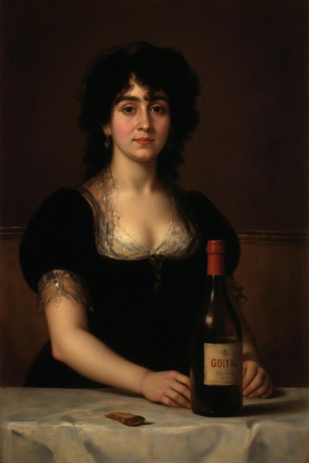 g0ya1 painting
a woman sitting at a table with a bottle of wine in her hand. The woman is wearing a black little dress. <lora:g0ya1_cap_d6a3:1.0><lora:815795485873982888:0>