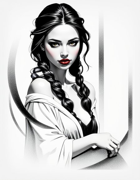 zavy-fnrt , This is a highly detailed, hyper-realistic black and white drawing of a young woman with a striking expression. She has a fair complexion, long, wavy hair styled in two braids that fall over her shoulders, and dark, expressive eyes that gaze directly at the viewer. Her lips are full and painted in a deep, rich shade of red, adding a dramatic contrast to the monochromatic background. She is partially draped in a loose, flowing garment that is rendered with soft, feathery strokes, giving it a delicate, almost ethereal texture. Her physique is slender, and she is posed in a three-quarter view, turning her head slightly to the left. The background is minimalistic and abstract, consisting of soft, smudged lines and gradients that emphasize the subject without distracting from her features. The overall style of the drawing is highly realistic, with meticulous attention to detail in the textures and shadows, creating a sense of depth and realism. The image conveys a sense of intimacy and sensualism. <lora:ck-greasepencil__:1> <lora:Add_More_details_Flux:1>