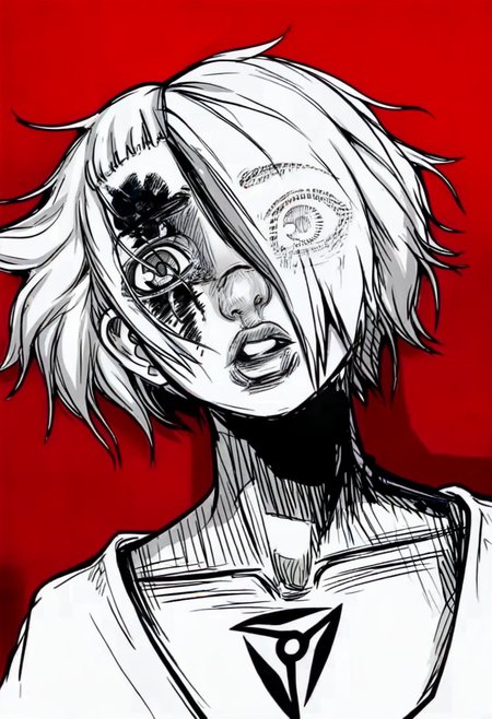 monochrome, greyscale, solo, red background, hair over one eye, short hair, collarbone, tattoo, looking at viewer, male focus, 1boy, 1girl, parted lips <lora:odysseasXL_NBVP1_lokr_V6311PZ:0.95>