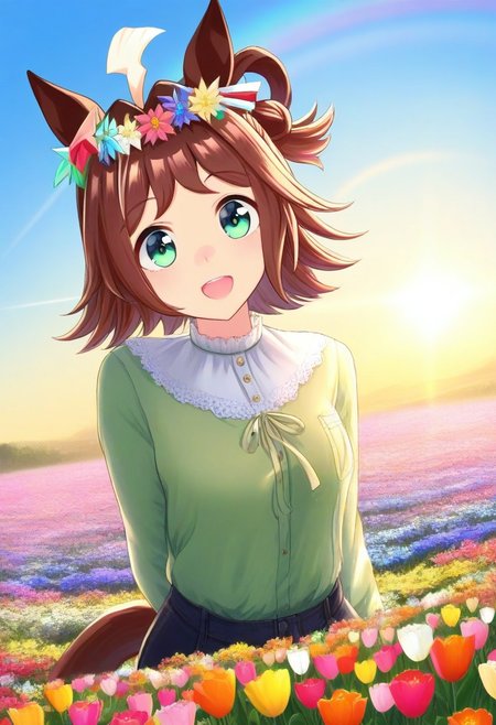 (umamusume, rhein_kraft_(umamusume), horse_ears, horse_girl, tail, 1girl, ahoge, animal_ears,)
casual, field, flower, flower_field, green_eyes, hair_between_eyes, hair_ornament, 
head_wreath, looking_at_viewer,  solo, aesthetic, absurdres, symmetric ,spiralling vortex made of multicoloured tulips, lush foliage sunrise,  ripples, reflective, jaynl-tm, rainbow, , g0ldsw0rthy,
(realistic, photo,  artistic, medium_hair, one_eye_closed, petals, relaxing, smile,  : 0.7)