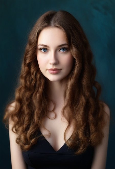 RSWMN, Russian woman, 1girl, solo, realistic, long hair, brown hair, breasts, looking at viewer, cleavage, lips, upper body, medium breasts, wavy hair, blue eyes, curly hair