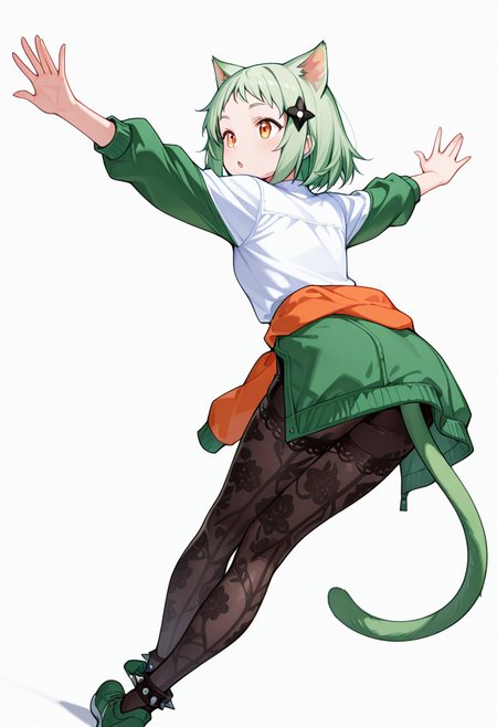 masterpiece,high quality details, absurdres, 
arms stretched overhead, body leaning to side, one foot crossed behind  ,
 <lora:Mao_Kusagakure:0.8>
mao_cnr, 1girl, green hair, short hair,orange eyes, cat ears,cat tail,hair ornament,, :o,, simple background, white background, from behind,solo,, jacket ,clothes around waist,lace leggings,  ,spiked legwear,