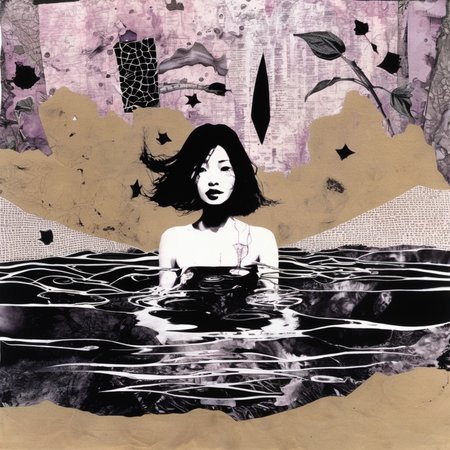 astrstica girl bathe in the stream, collage, surrealism, black ink <lora:astrstica:1>