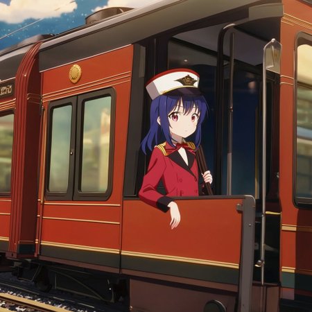 Anime shot of a catgirl dressed as a conductor looking at the viewer, with a train in the background. looking at viewer, score_9, score_8_up, score_7_up, source_anime, rating_safe, catgirl, intricate details, anime screencap, official, talking, 1catgirl, train, trainconductor, cap sfw, background trainstation, rating_safe, intricate details, anime screencap, official style, Themes: railway, winter, clumsy