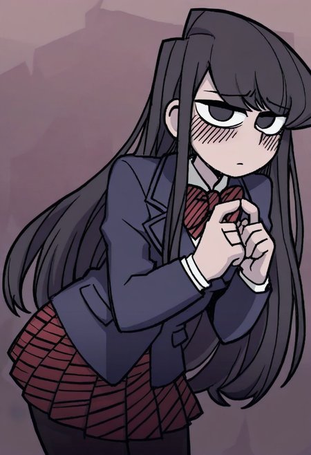 Masterpiece, best quality, aesthetic, high resolution, 1girl, solo, female, komi_shouko, black eyes, black hair, long hair, school uniform, red bowtie, blue jacket, blazer, long sleeves, striped, pleated skirt, red skirt, black pantyhose, looking at viewer, index fingers together, shy, blush, 
Vanripper