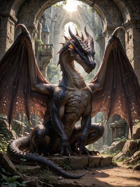 <lora:MH_Fatalis_a1_9_PonyXL:0.7>,score_9,score_8_up,score_7_up, nature photography, (rimlight:1.2)
sunlight, bloom, subsurface scattering, sharp hyper detailed, dramatic lighting, , (shiny metallic skin:1.2), (ultra-detailed small micro scales), bright highlights,
,fatalis,feral,by zackary911,by syuro,by hanuvo,solo,hi res,detailed background,ruins,castle, wings,curled up,front view,
<lora:RM_Enhancer_v1.0_bf16:.1>  <lora:p:.2> <lora:Add_More_details_SD3:.5> ,