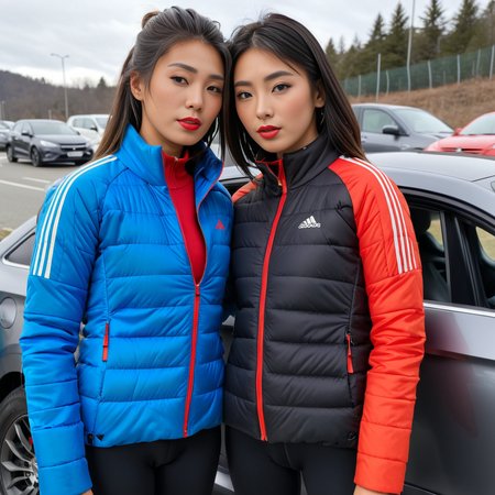 (dark cinematic still, dark vibes) sexy slim skinny two japanese middle aged women ,unique, wearing a zipped up  red and blue  from high collar black adidas_puffer_jacket, unique hair styles, 8k uhd, dslr, high quality, photorealistic, realism, hyperrealism,  ((car scene)), 
<lora:adidas_puffer_jacket_v1:1> <lora:DetailedEyes_V3:1> <lora:add-detail-xl:3> <lora:Collar-SDXL:0.7> <lora:Cuffs-SDXL:0.7>