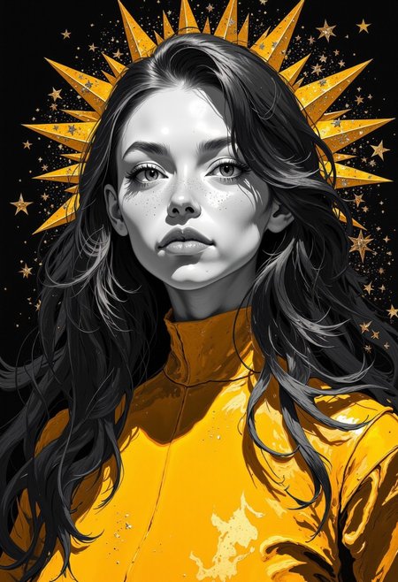Close-up of a stylized female portrait. 
The figure is rendered in a grayscale palette, with a deep gold color for clothing and hair, set against a vibrant radiant dark black background.  The woman has long, golf hair that falls down her back.  Her facial features are defined, with a strong jawline and a confident expression. 
A turtleneck-style top is visible, further enhancing the silhouette.  The overall style is fashion-forward and somewhat dramatic, emphasizing form and contrast against the background. The figure is presented in a face view.
magic particles, multiple references, high_detailed, captured in high detail, CharacterDesignFLUX
DB4RZ, DB4RZ style painting