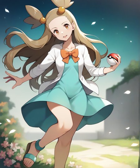 score_9, score_8_up, 1girl,
good quality, masterpiece, mature female, ultradetail, anime, source_anime, aesthetic, (solo)
 <lora:JasminePokemon-05:1>PokeJasmine,  long hair, sandals, short white cardigan, collarbone,  orange bowtie, sleeves past elbows,  (very short dress), aqua dress, looking at viewer, vibrant color, flowers, outside, holding pokeball, dynamic pose,