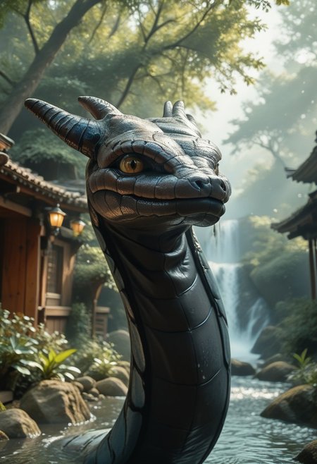 (((score_9, score_8_up, score_7_up)):2.0), source_photo, hyperrealistic, photo, photorealism,  realistic lightings, Dynamic Lighting, s1_dram, Warm lighting, Japanese garden, cherry trees, detailed background, (((Naruto_Manda, snake))), slit pupils, green eyes, purple body, body markings, black eye markings, 2 pair of horns, black belly scales, highly detailed, cinematic lighting, realistic shadows, skin texture realistic, masterpiece, award winning photography