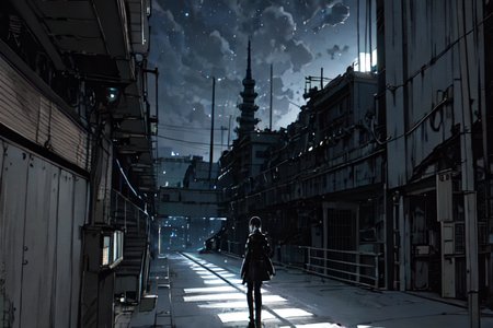 highly insanely detailed, masterpiece, top quality, best quality, highres, 4k, 8k, RAW photo, (very aesthetic, beautiful and aesthetic),  
tsutomu nihei,nihei_tsutomu,blame!,blame gakuen!,abara,TNstyle,sidonia_no_kishi,(giant room,tower,city ruins,tunnel,deep horizon,stairs),clouds,lantern,star \(sky\),starry sky,light particles,machinery,ventilation fan,ventilation shaft,dome,walkway, 
<lora:blameLora_v10:0.7>, 
(1girl:1.3), 
solo focus, 
OldTaipei,scenery,outdoors,building,power lines,city,alley,street,road,motor vehicle,utility pole,âââ