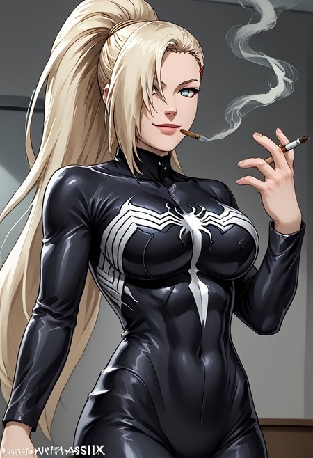 score_9, score_8_up, score_7_up, score_6_up, source_anime,rating_explecit,anime coloring, 1girl ,   details, <lora:Expressive_H:1>   <lora:She Venom LoCon:1> she venom, black detailed bodysuit, full black suit, black suit, big symbols spider , perfect symbols spider, big logo spider white on suit<lora:Symbiote:0.6>,large breast,solo, 1girl, yamanaka ino, hair over one eye, ponytail, hairclip, blonde , long hair, very long hair,silky hair,blue eyes, room solo, walking, crazy smile, black slime almost cover half face,hand , smoking pose,