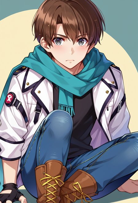 <lora:Misaki-Kurehito-Style-PonyXL:1>, score_9, score_7_up, source_anime, solo, BREAK male focus,, 1boy, grey eyes, brown hair, very short hair, teal scarf, black shirt, white jacket, open jacket, single fingerless glove, multiple belts, jeans, knee boots,