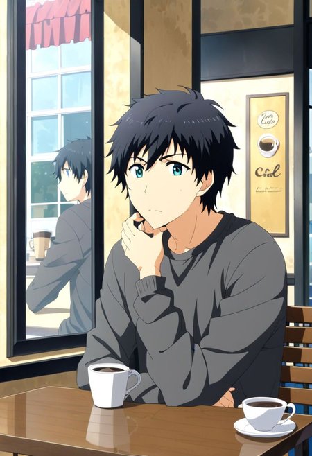 high resolution, solo, best quality, 1Boy, Arata Kaizaki, Black Hair, cafe, corner, sit, casual, coffee, waiting, wide mirror, outside view, OverallDetail