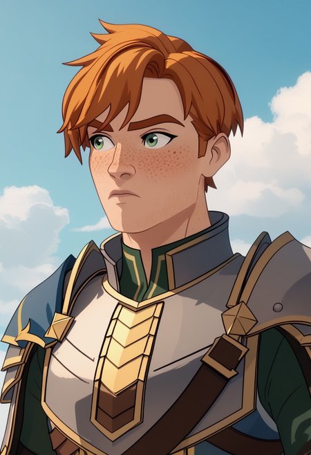 Score_9, Score_8, Score_7, TDPStyle, Gren, Armour, Ginger Hair, Freckles, looking to the side, confused, bust shot