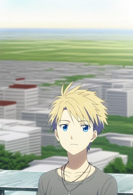 high resolution, solo, best quality, 1Boy, Yamato Ishida, Blond Hair, Blue Eyes, Necklace, high-rise, top of building, landscape, depth of field, OverallDetail