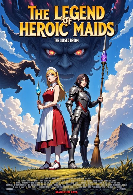 Concept:
A masterpiece high quality poster for an theatrical anime movie.
Style:
4k quality professional anime poster art with vivid vibrant colors, cel-shaded characters, perfect text title, mvpstrCE style, detail eyes, retro_anime.
Main Text:
The title of the movie is  ("THE LEGEND OF HEROIC MAIDS") written at the top in bold large fantasy font with golden trim, and an underline, there is a subtitle under it saying ("The Cursed Broom") in simple yellow fantasy font.
The Characters:
On the Right Side stands a regal blonde female knight in a fancy decorated full plate armor holding a metal broom with a blade at its tip, she is also wearing a long apron and frilly maid headdress on top of her armor, she is standing in sideview but looking at viewer, she has blue eyes.
On the Left Side stands a gorgeous brunette witch wearing a red frilly fancy sleeveless dress and she is holding a magical broom with blue magical crystal at its tip, she is wearing a fancy apron and frilly maid headdress on top of her dress, she is standing in sideview but looking at viewer, she has green eyes.
The Background: 
Vast grassy hills, mountains, epic castle in the distance, a silhouette of a giant evil broom towering over the landscape shrouded in mist infused with dark magic, majestic anime clouds frame scene.
Additional Text At Bottom of Poster:
At the bottom names of fake voice actors usually seen on anime posters, including a release date in ("March 2026") in a red font.