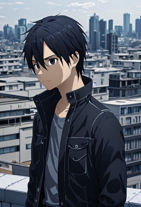 high resolution, professional photography, best quality, 1Boy, Kirigaya Kazuto, Black Hair, Black Eyes, overalldetail, high-rise, roof top, top of building, strong wind, portrait, standing, building, landscape, depth of field