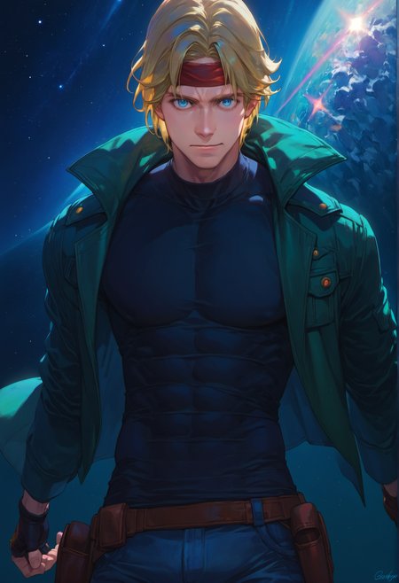 score_9, score_8_up, score_7_up, score_6_up,
star ocean, claude kenny, 1boy, black shirt, blonde hair, blue eyes, denim, fingerless gloves, gloves, headband, military uniform, holstered gun, green jacket, male focus, open clothes, open jacket, pants, shirt,
upper body, (close-up:1.4), space, star \(sky\), spiral galaxy, official wallpaper, backlighting,
 <lora:yukihiro_kajimoto_so2r_pony:1>
<lora:IOS_Iridescent_opal_style:0.8>